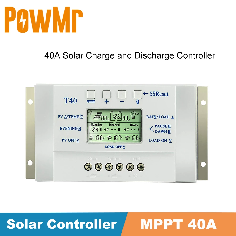 T-40A Solar Charge and Discharge Controller 12V 24V LCD USB Regulator with Load Dual Timer Control for Solar Lighting System