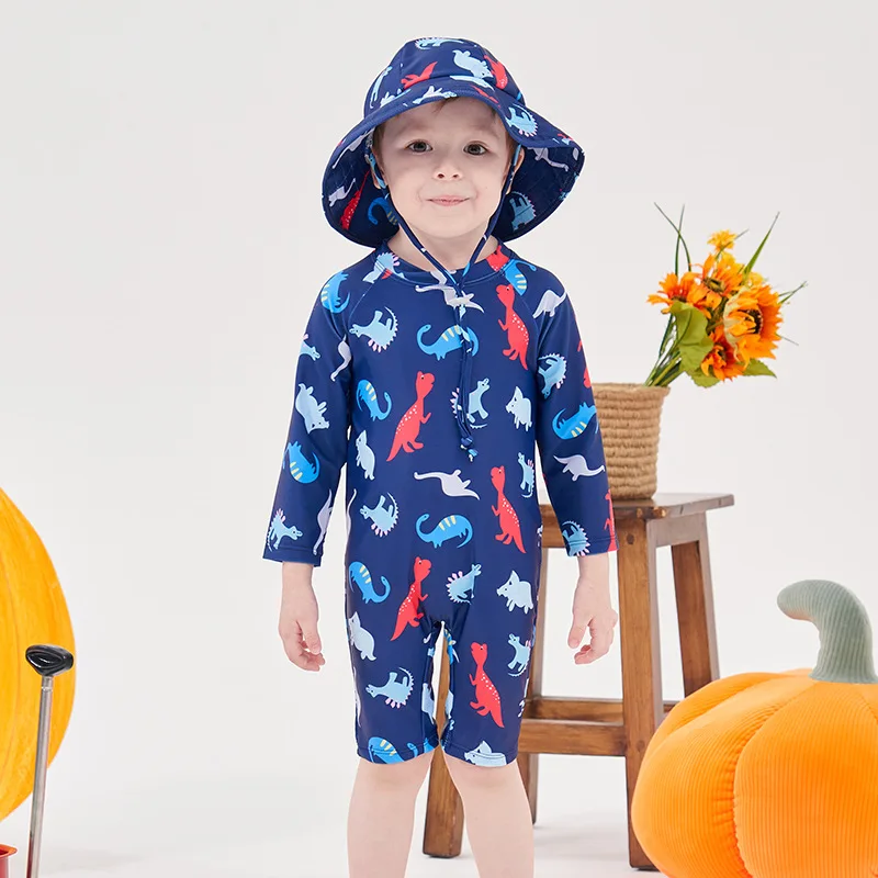 Boys Girls One-piece Swimsuit + Sun Hat Cute Cartoon Print Long Sleeve Sun-protective Quick-dry Surfing Suit Baby Swimwear