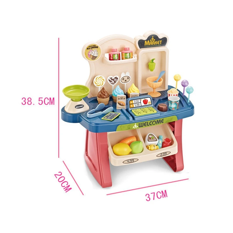 เด็กแคชเชียร์ของเล่นซูเปอร์มาร์เก็ต Cash Register เล่นเล่นจําลองรถเข็นร้านสะดวกซื้อ Ice Cream Cart ของเล่น