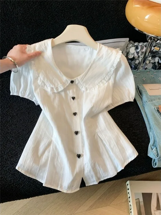 

Sweet Fashionable White Shirt Women's Spring Summer Doll Collar Shirt Trendy Korean Style Loose Fit Short Sleeve Commute Wind