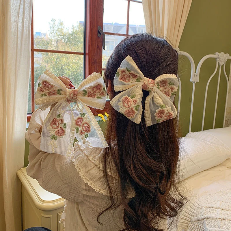 New Embroidered Bow Hairpin Lace Hair Clip Sweet Back Of The Head Duckbill Clip Fashion Hair Accessories For Girl Woman