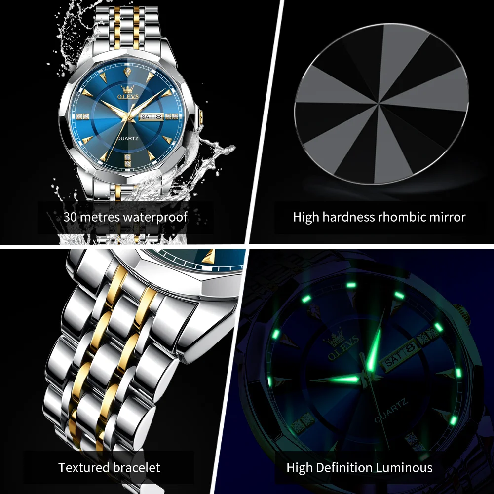 ساعة OLEVS 9977 للرجال ماركة أصلية ساعة كوارتز للسيدات والسادة مقاومة للماء مضيئة لتاريخ اليوم مع صندوق هدايا #3