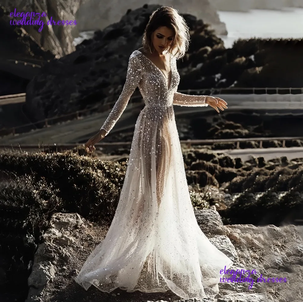 Abiti da sposa moderni personalizzati con paillettes con scollo a V maniche lunghe lunghezza pavimento abiti da sposa senza schienale Robe De Marié 2025