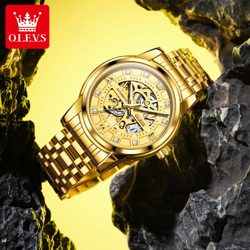 OLEVS 9901 Mens Watch Luxury Stainless Steel Skeleton Mechanical Watch Waterproof Luminous Watches For Man Gift High Quality