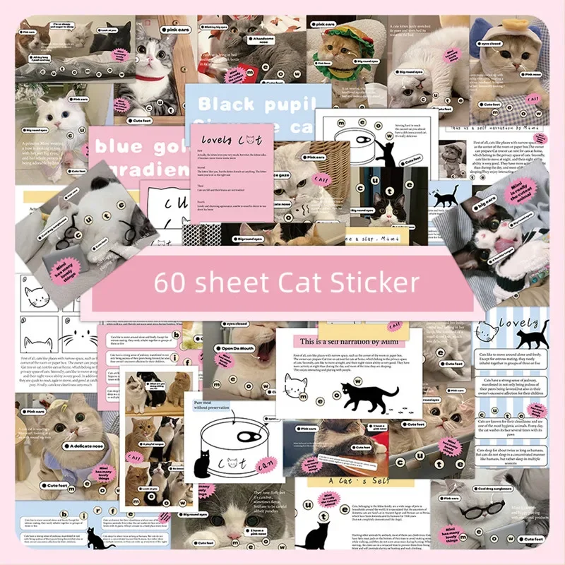 60 Sheet Lovely Cat Sticker Cute Amiercan Style Real Shot Cat Stationery Sticker DIY Decorative Scrapbook Luggage Phone Sticker