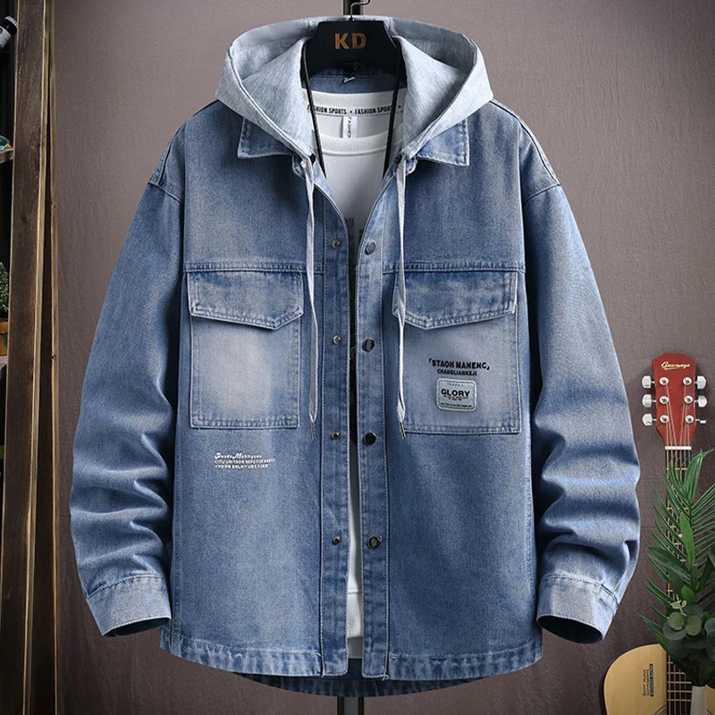 

Spring Autumn Men's Denim Jaet Fake Two-Piece Hooded Workwear Jaet Trendy Brand Youth American Retro Sle Cotton Polyest...