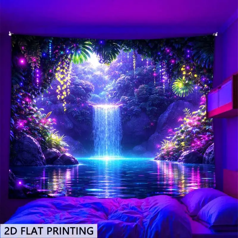 VIKAMA Neon Jungle Waterfall Tapestry Magical Forest Lake Polyester Wall Hanging UV Reactive Aesthetic Bedroom Dorm Home Decor