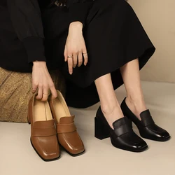 2024 Genuine Leather New Spring Women Shoes Square Toe Chunky Heel High Heel Pumps Ladies Shoes Heels Shoes Woman  Black Shoes