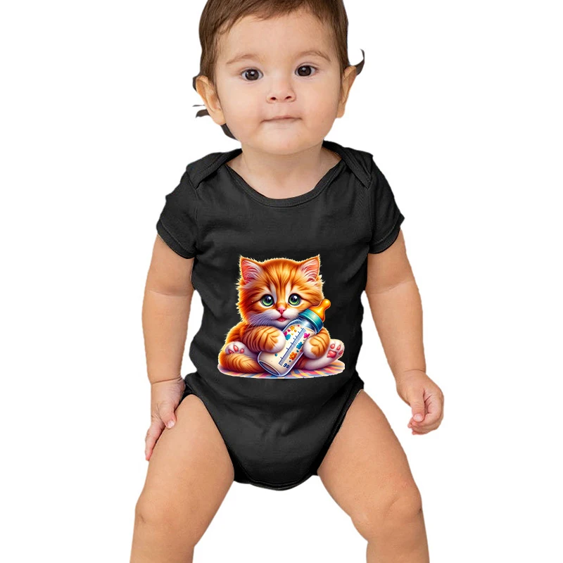 

0-24Months Baby Bodysuit Cartoon Ginger Cat Print Cotton Jumpsuits Summer Short Sleeve Outfits Newborn Boy Girl Cute Romper