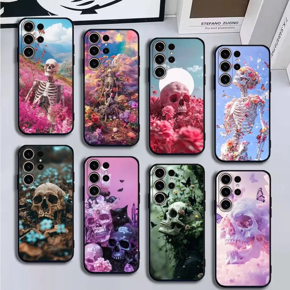

Floral Sugar Skull Phone Case For SamsungS25,24,21,22,23,30,Ultra,20,Plus,Fe,Lite,Note,10,9,Soft Black Cover