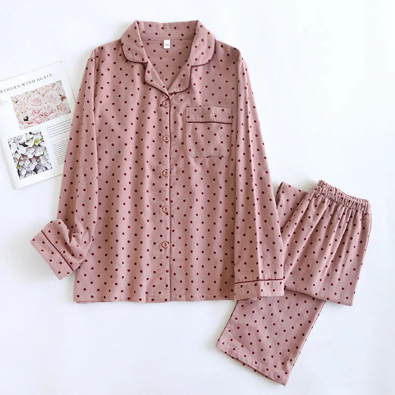 

Sweet polka dot pajamas sets women 100% cotton brushed plus size long sleeve pure cotton sleepwear pyjamas