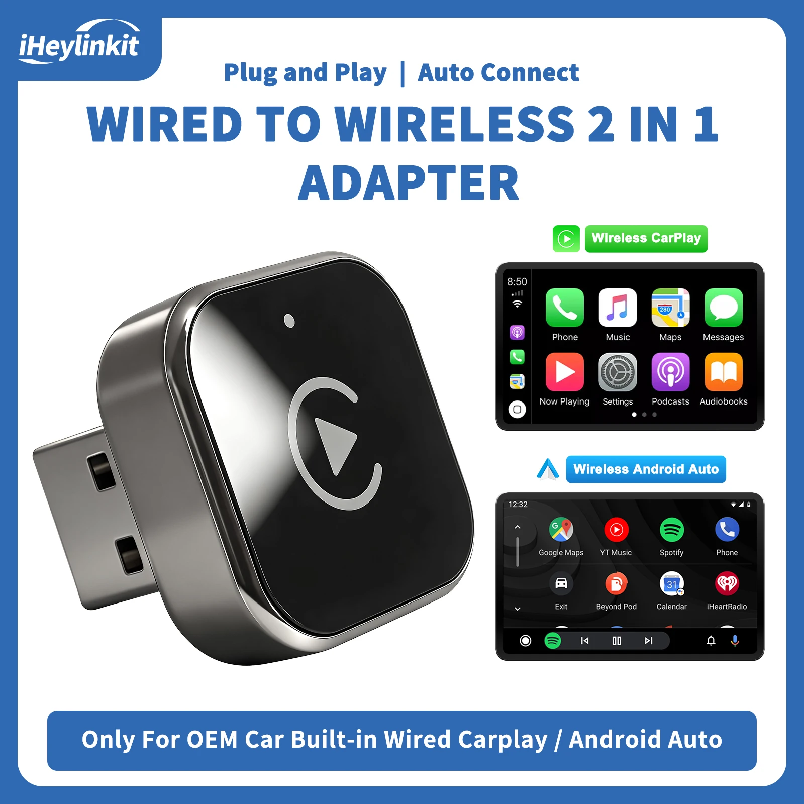 

Адаптер iHeylinkit 2-в-1: проводной CarPlay и беспроводной Android Auto, высококачественный автомобильный аксессуар, смарт-бокс, Wi-Fi 5 ГГц, Type-C/USB