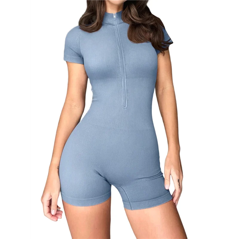 

CYL-женские комбинезоны в рубчик с короткими рукавами и молнией спереди, эластичные комбинезоны для занятий йогой и контролем живота