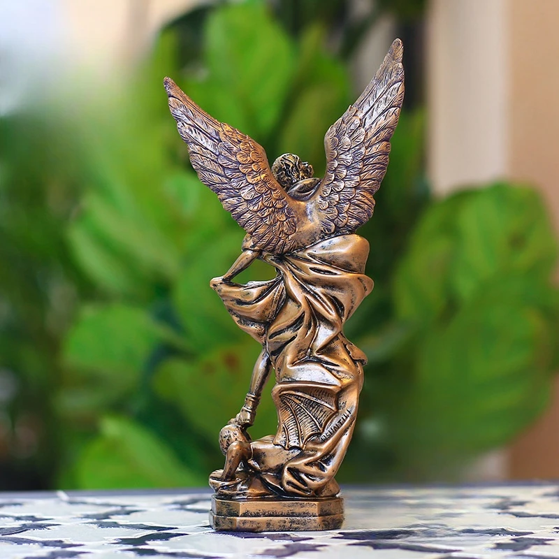 Christian San Miguel Arcangel Statue Retro Bronzed Saint Michael Angel Resin Figurine Home Blessing Decoration Desktop Ornaments