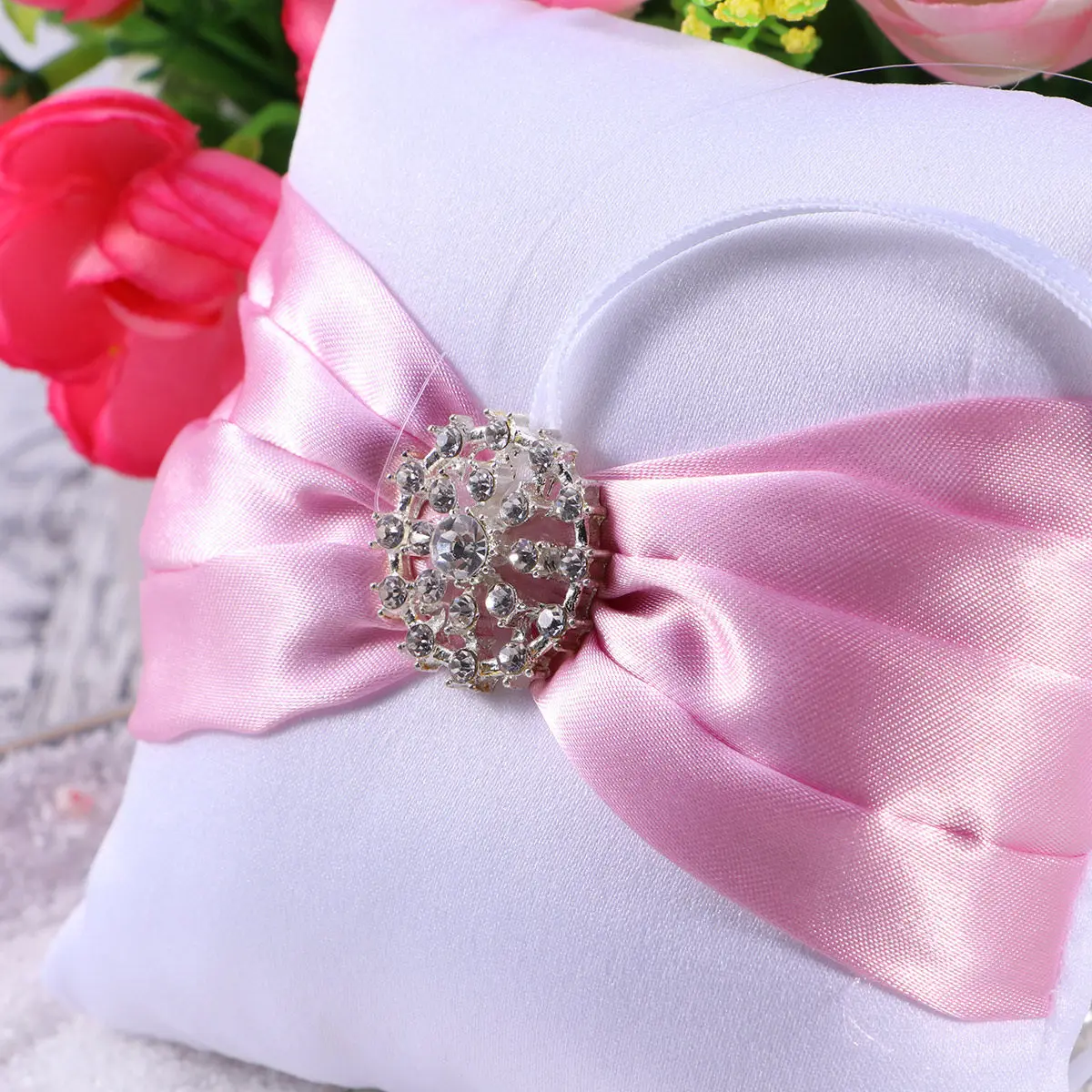 

Water Drill Wedding Ring Pillow 10x10cm Lace Crystal Ribbon Decorated Bridal Ring Bearer Cushion Pink Elegant Design