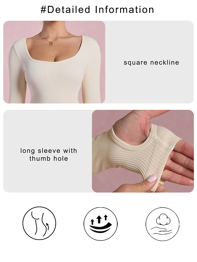 Long Sleeved Jumpsuit Women Square Collar High Waist Bodycon One-piece Leggings Seamless Casual Sports Jumpsuit Bodysuit