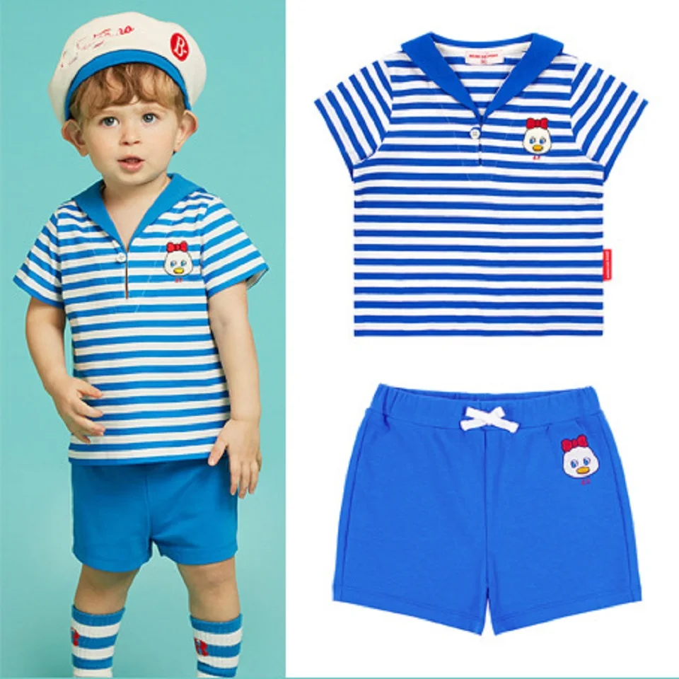 Korean BeBe Baby Girl Cute Short Sleeve Tee Shirt Children Cartoon Tops Shorts Pants Summer Kids Boy Stripe Set Cloth T-shirt