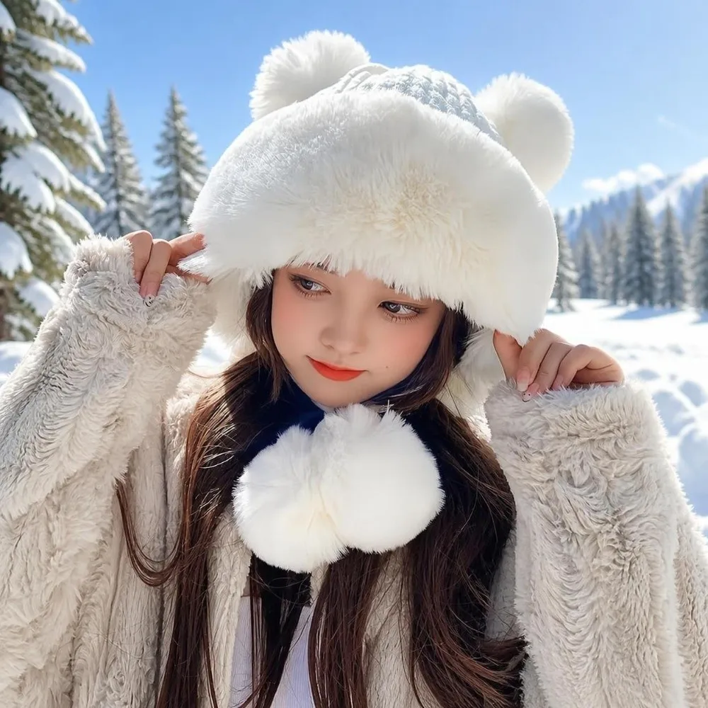 Kawaii Lined Bear Ear Knit Hat Thermal Insulation Windproof Trapper Hat Fluffy 4 Pom Poms Winter Knit Cap For Women