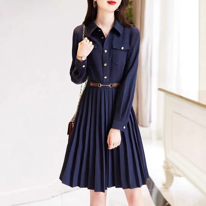 

Women Dresses Pleated Dress A Line Button Pocket Turn Down Collar Long Sleeves Knee Length Loose Fit Casual Office 2026 Spring
