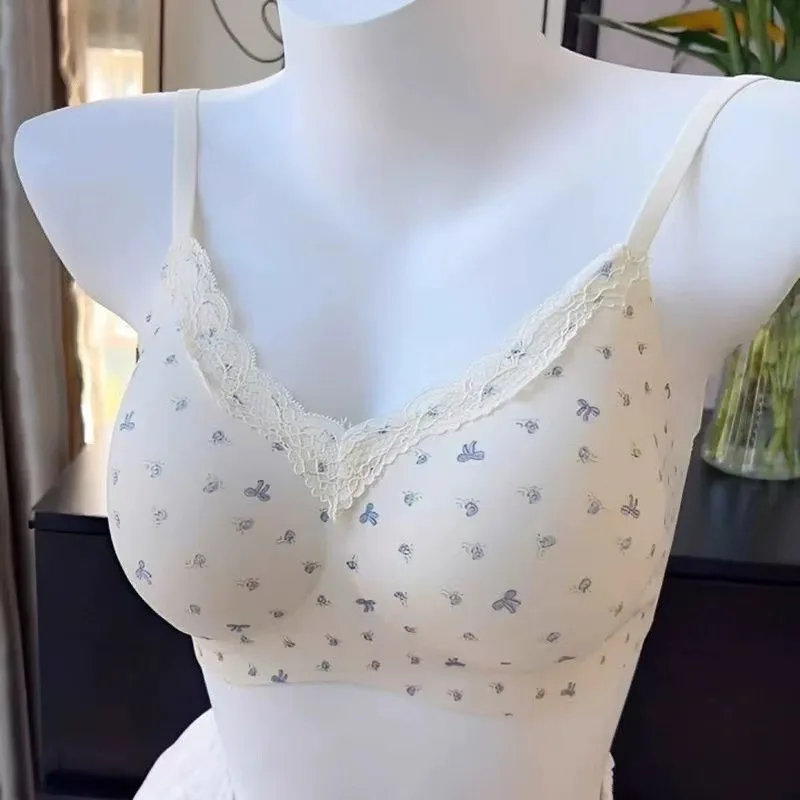 ملابس داخلية نسائية بطبعة زهور فرنسية للثدي الصغير، حواف من الدانتيل الحلو، قابلة للتنفس، وحواف للفتيات