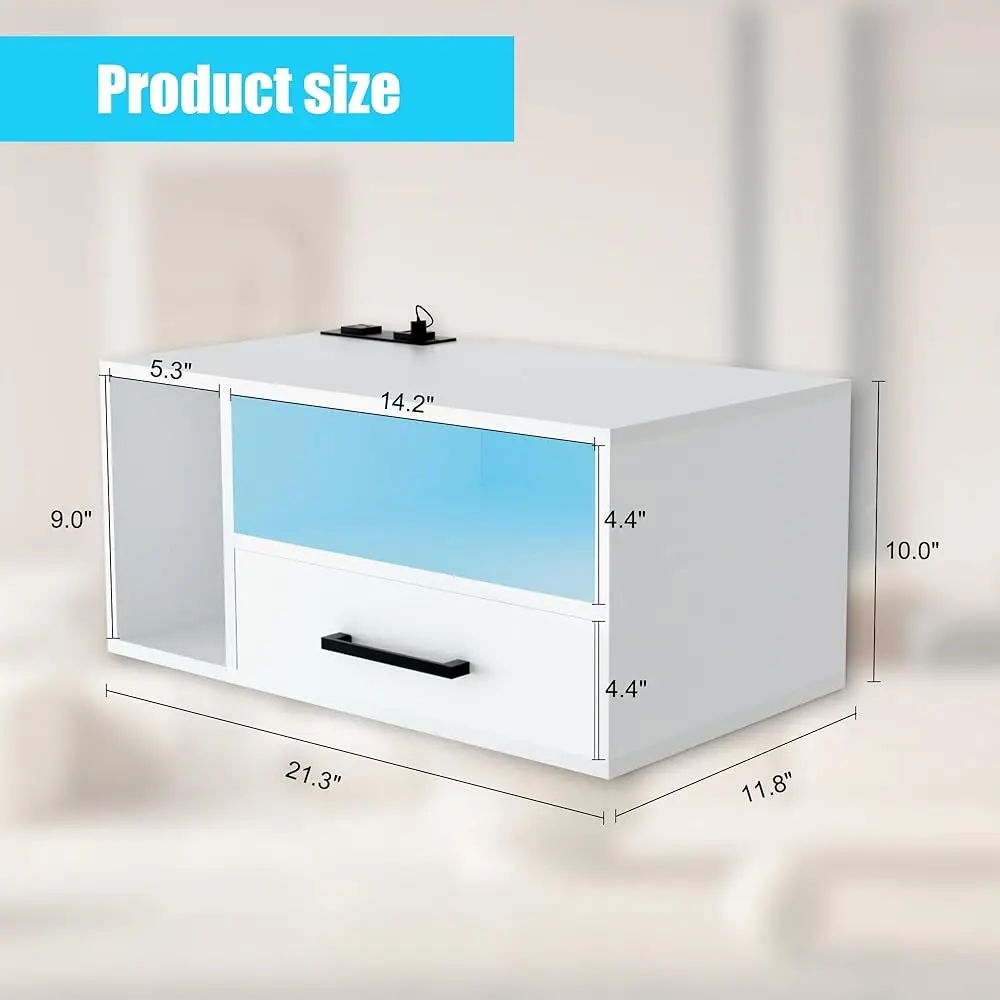 منضدة عائمة مع قاعدة شحن وشرائط إضاءة LED، حامل ليلي مقاس 21.3 بوصة مع أدراج، بجانب سرير عائم مع USB