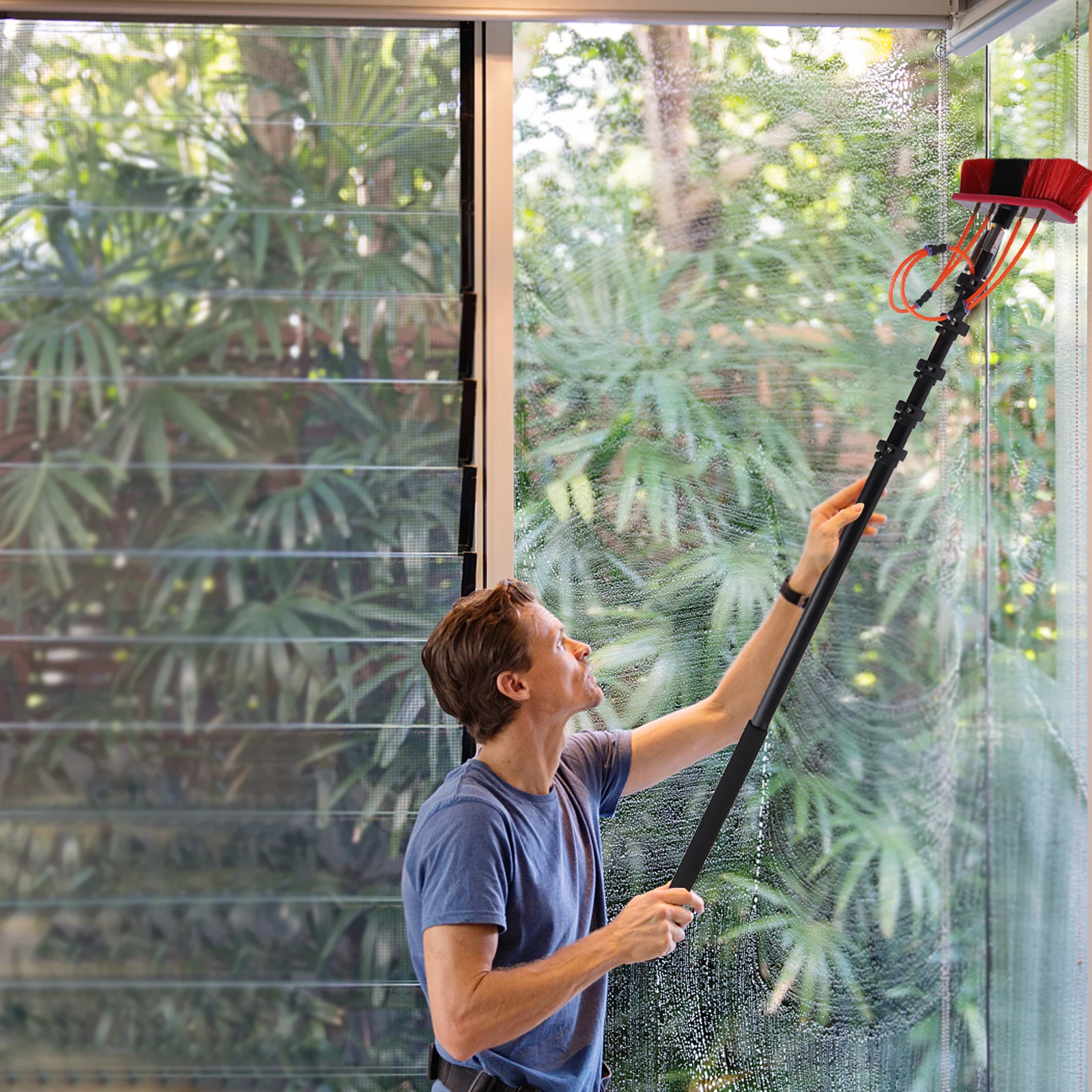 

Telescopic Pole Water Fed Brush with 26.9ft Hose, 210° Adjustable Angle PP Bristles Safe for Solar Panels Windows Cleaning