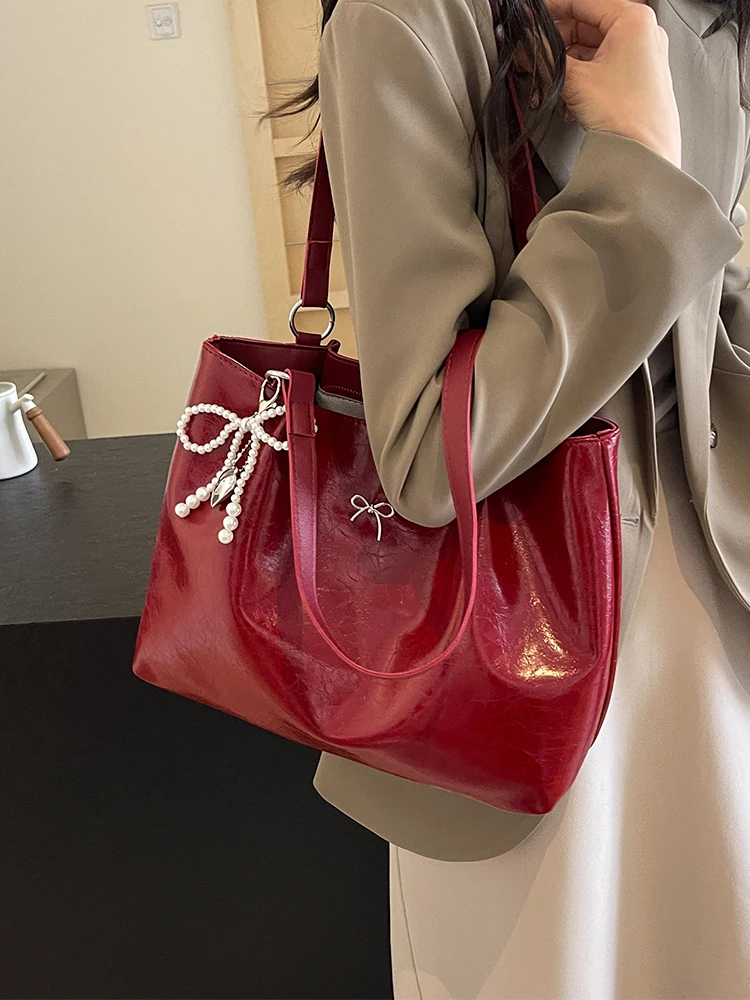 Elegant Large Capacity Women's Tote Bag Casual Simple Style Commuter Bag Red Shoulder Bag Popular Silver Color for Young Women