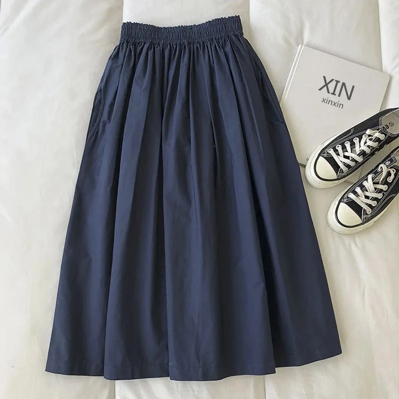 Vrouwen Witte Lange Rok Mode Zakken Geplooide Knielengte Rokken Herfst 2024 Nieuwe Casual Elegante Hoge Taille Een Lijn femme Rokken