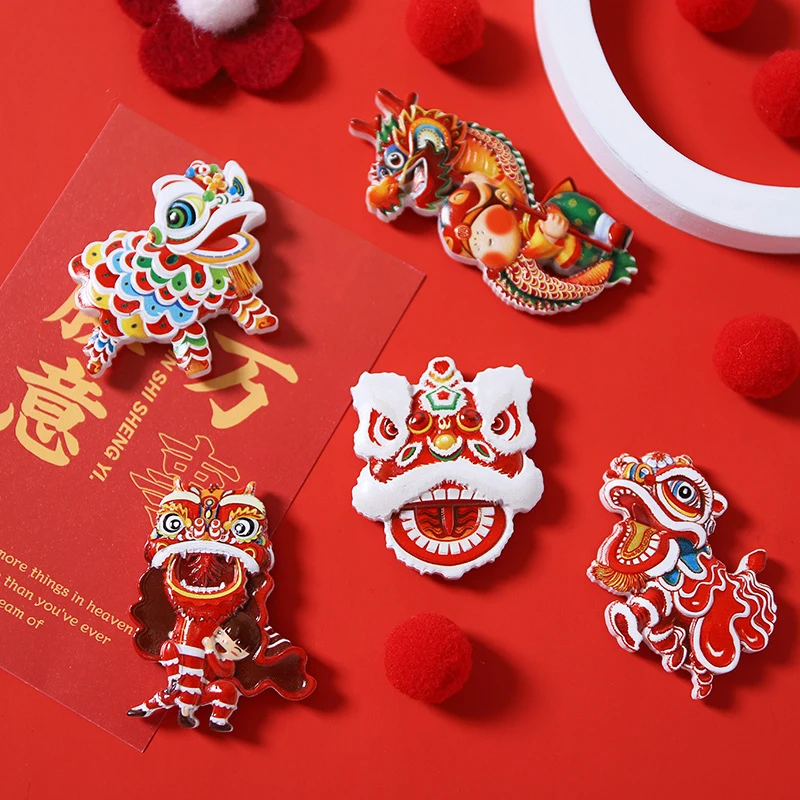 Chinese Style Refrigerator Magnet Chinese New Year Festive Cartoon Lion Dance Cute Creative Resin Refrigerator Magnet Home Decor