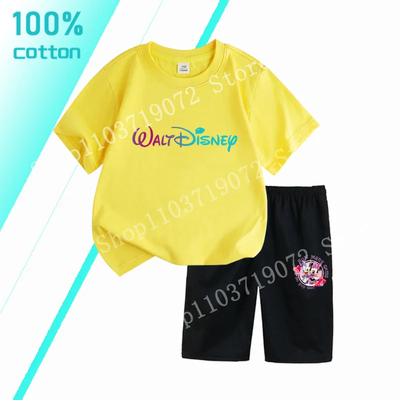 

100% Cotton Print T-shirt Sets Summer Fashion Kids Clothes Disney Mickey CNS Letter Pattern Girl Boy Short Sleeve Casual Sets