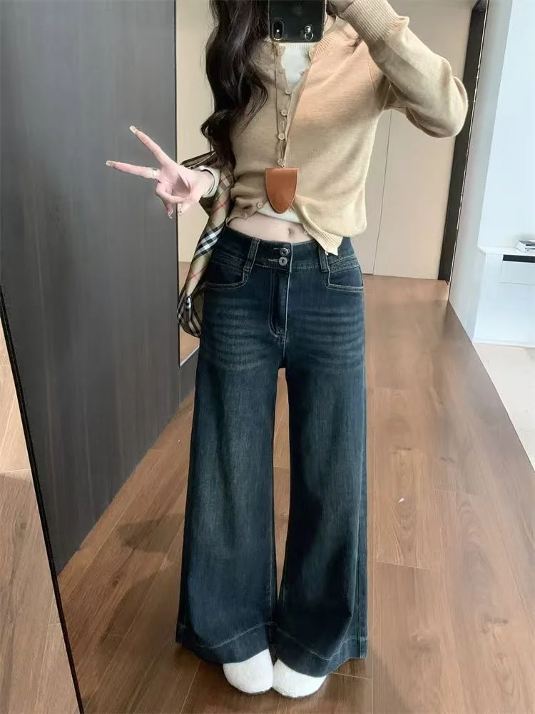Retro High Waist Wide Leg Jeans Women's Spring Autumn New Style Small Size Korean Version Loose Straight Cut Denim Pants