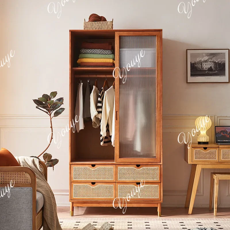 

XM Solid Wood Glass Cabinet Door Wardrobe Wabi Wind Bedroom Household Small Apartment With Drawers Rattan Wardrobe Furniture