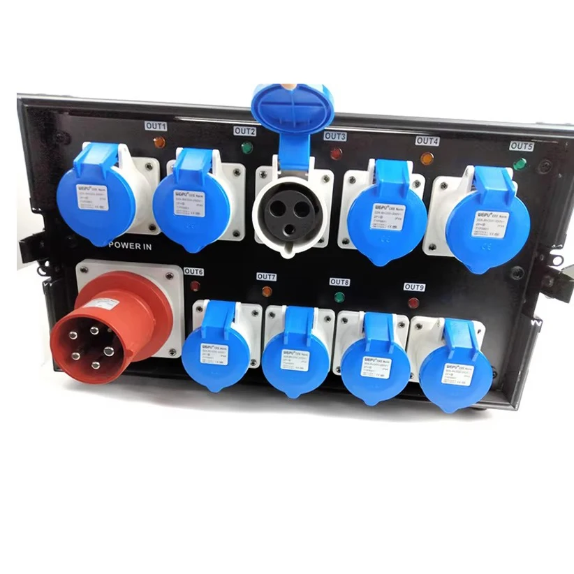 Durable 9-Channel Aluminum Portable Power Distribution Box 1600W 5-Pin 63A Input 3-Pin 16A Output for Stage Lighting