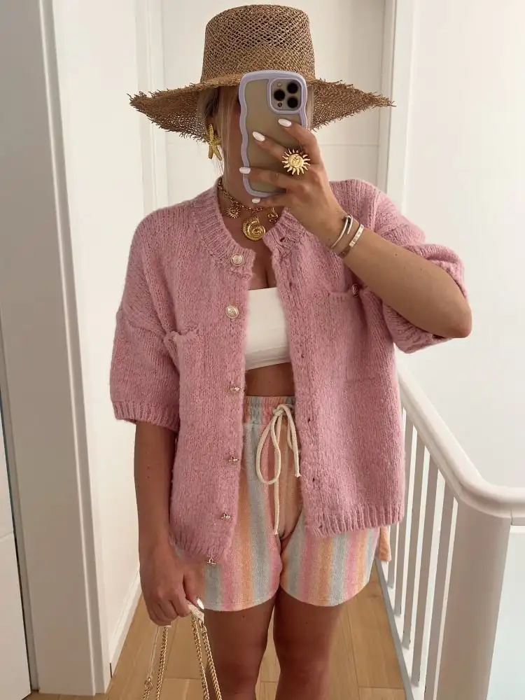 

New Fashion Women Cardigan Elegant Short Sleeve Button Closure Solid Casual Jacket With Pockets Skin Friendly Hot Sale S-XL