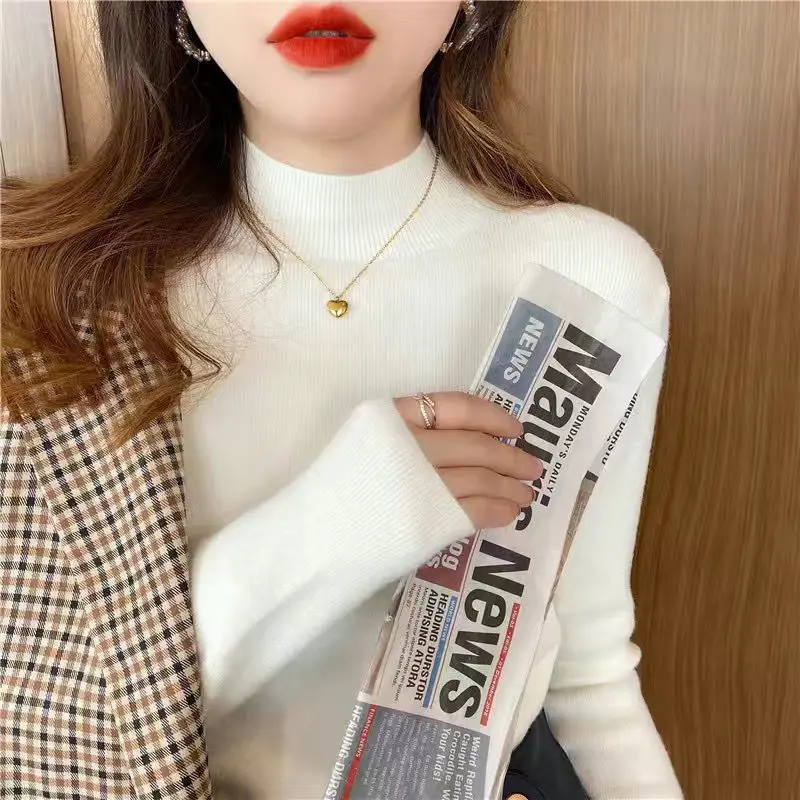 여성용 한국 하프 하이넥 스웨터, 편안한 우아한 니트 하의 셔츠, 플리스 따뜻한 긴팔 상의, 가을 및 겨울 신상