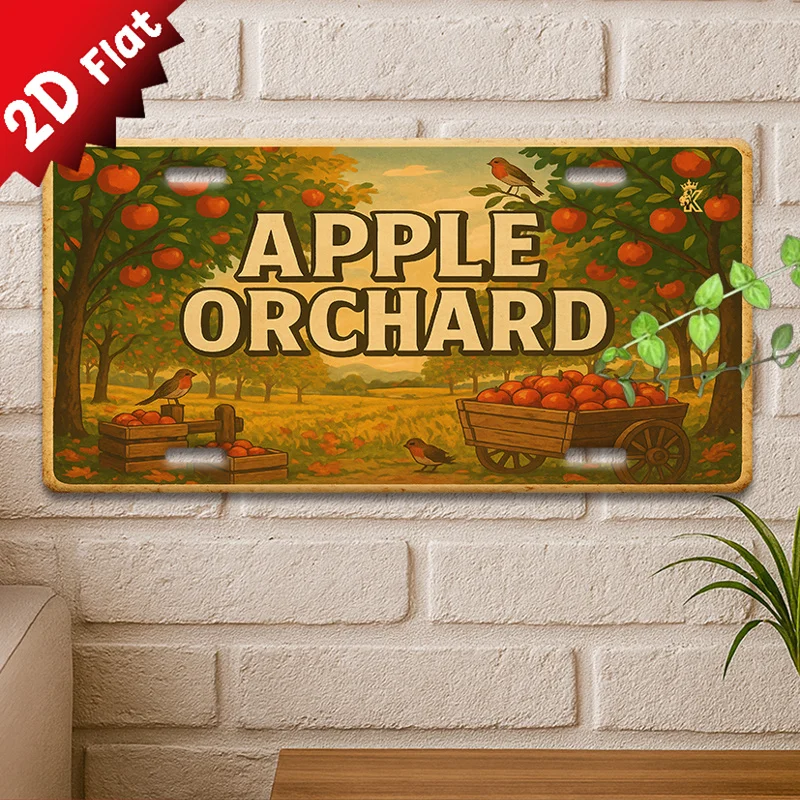 2D Flat  Single Piece, Vintage Metal  Sign, Decorative Plaque And Signboard  Minimalist Art Decor, Featuring Apple Orchard