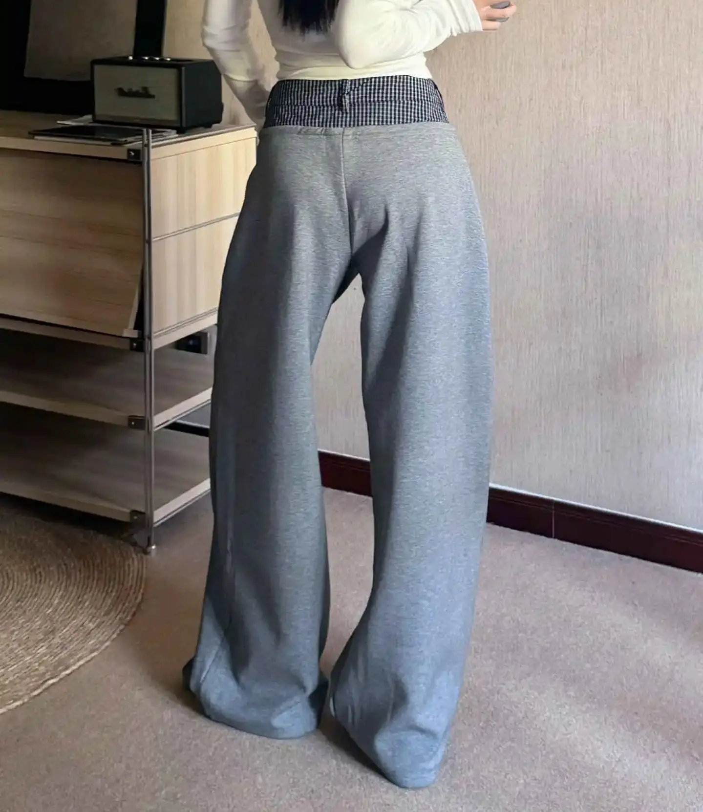 American Style Double Waisted Checker Wide Leg Pants Women's Spring Autumn 2026 New Low Waisted Hanging Sports Sweatpants