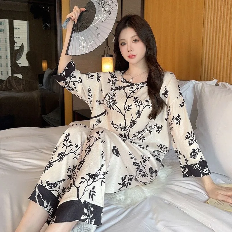 New Chinese style pajamas women summer short sleeve trousers thin advanced sense jacquard ice snow silk home dress two-piece set
