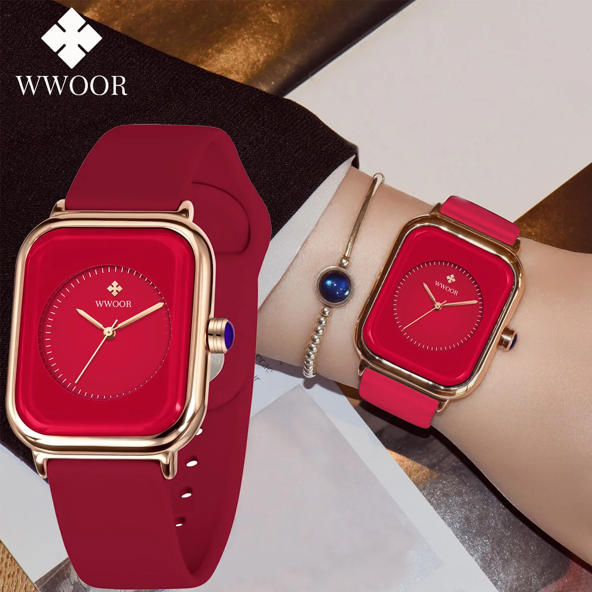 

WWOOR Luxury Brand Red Square Watch For Women Quartz Watch Elegant Dress Ladies Wristwatch Simple Female Clock Relogio Feminino