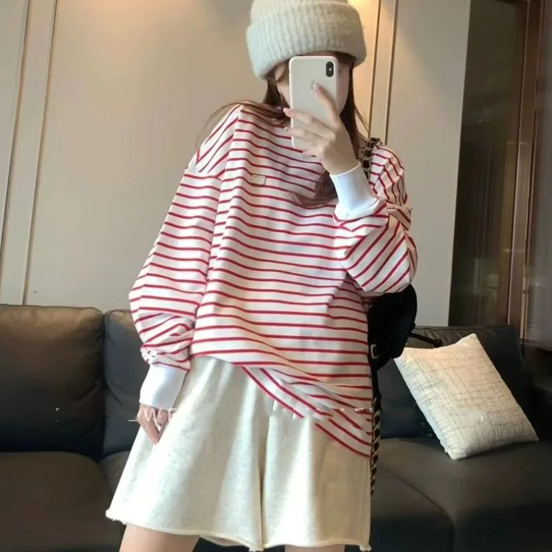 

Color Blocking Striped Casual Loose and Lazy Autumn Women's Top Korean Long Sleeved New Versatile Round Neck T-shirt