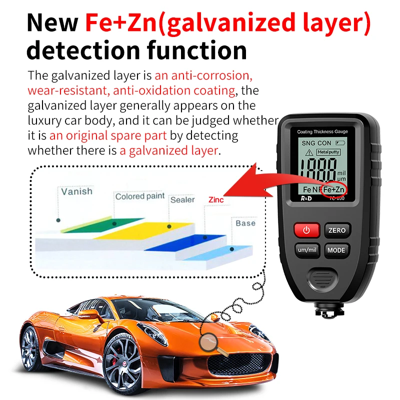 Medidor de espesor de revestimiento de masilla de Metal para coche, Digital, 0-1300um, Fe, NFe, Zn, sonda, pintura de coche, alta velocidad, R & D,