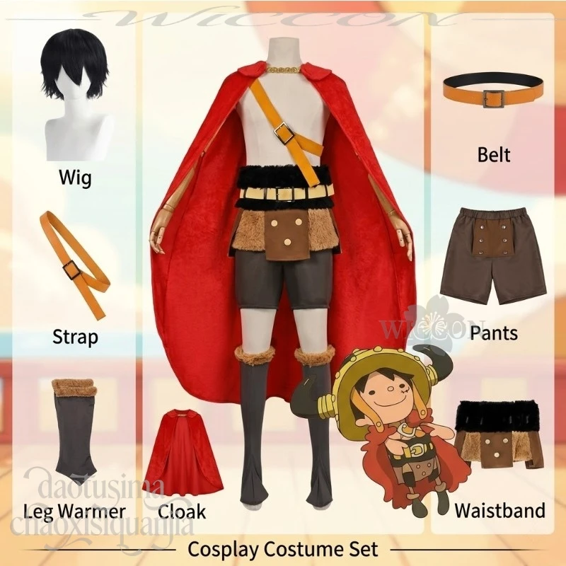 Disfraz de Anime Erubafu Luffy, Nuevo Atuendo Pirata Vikingo, Capa Larga Roja, Pantalones Cortos Peludos, Cinturón, Calentadores de Piernas, Pelucas, Fiesta de Halloween