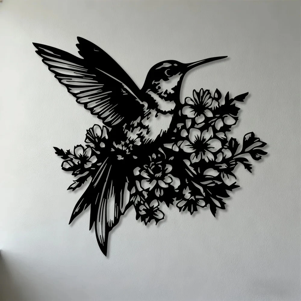 2D Flat Wall Art Aluminum Hummingbird Flower Decoration Suitable for Living Room, Bedroom, Office, Garden 1 Piece