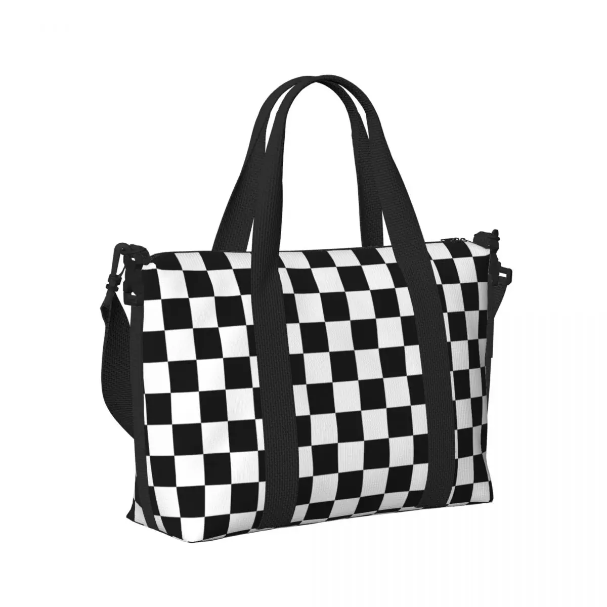 CUSTOM สีดําและสีขาว Checkerboard รูปแบบ Tote กระเป๋าผู้หญิงขนาดใหญ่ความจุเรขาคณิต Tartan Beach GYM กระเป๋าเดินทางไหล่