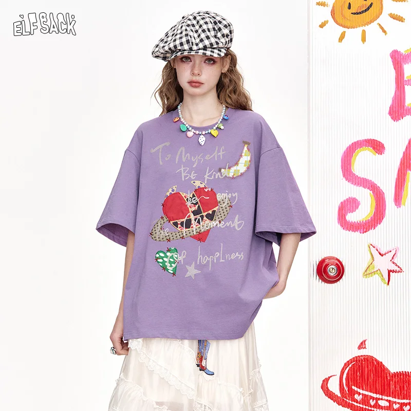 ELFSACK 2025 Summer New Arrivals Devil'S Corner Love Printed Loose Casual Short Sleeved T-Shirt For Women