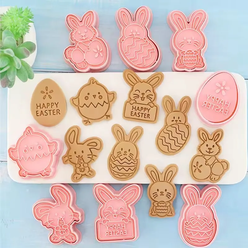 8Pcs Easter Cookies Mold Cutters Chick Rabbit Egg Fondant Biscuit Stamp Mould For Easter Birthday Party Cake Decor Baking Tools
