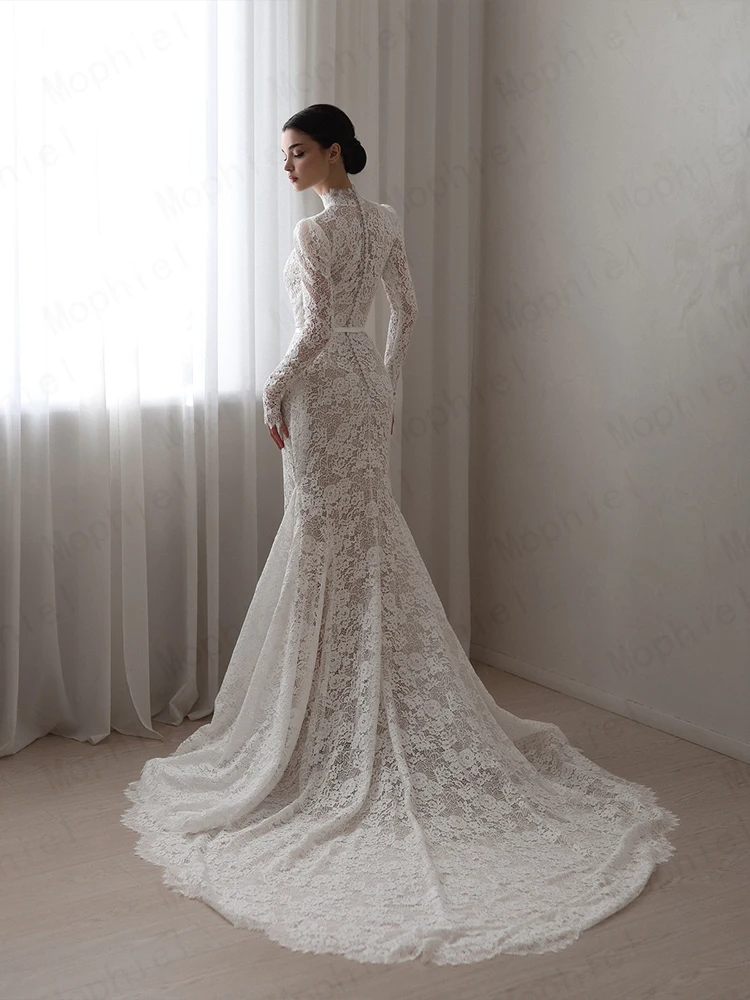Elegant Lace Wedding Dresses Mermaid Long Sleeve Bride Dress High Neck Sweep Train Bridal Gown Vestido De Novia Customized