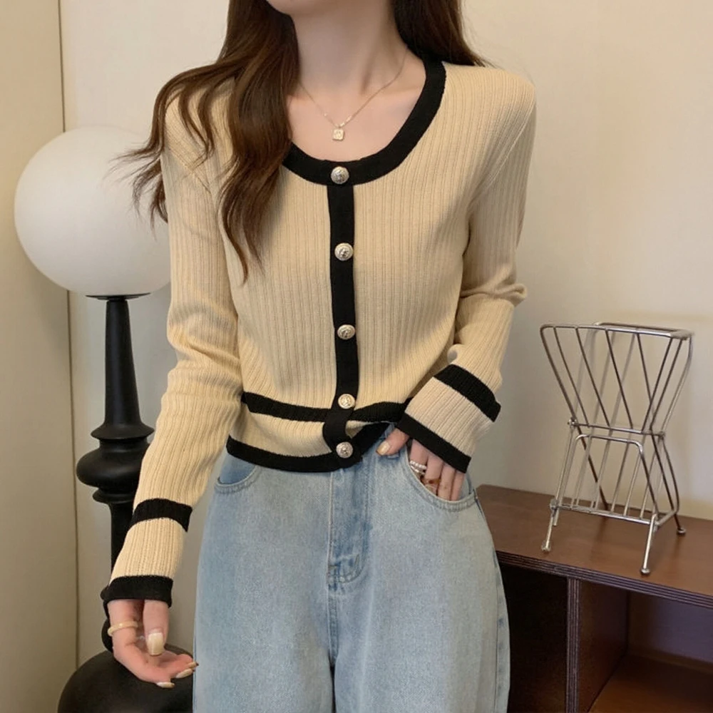 

Women's Long Sleeve round Neck Button Front Binding Casual Sweater Comfortable Autumn Fashion Top