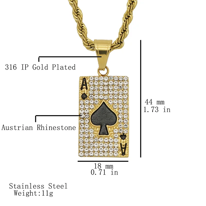 Hip Hop Bling Iced Out Gold Color Stainless Steel Solid Square Spades A Pendants Necklaces for Men Rapper Jewelry Gift