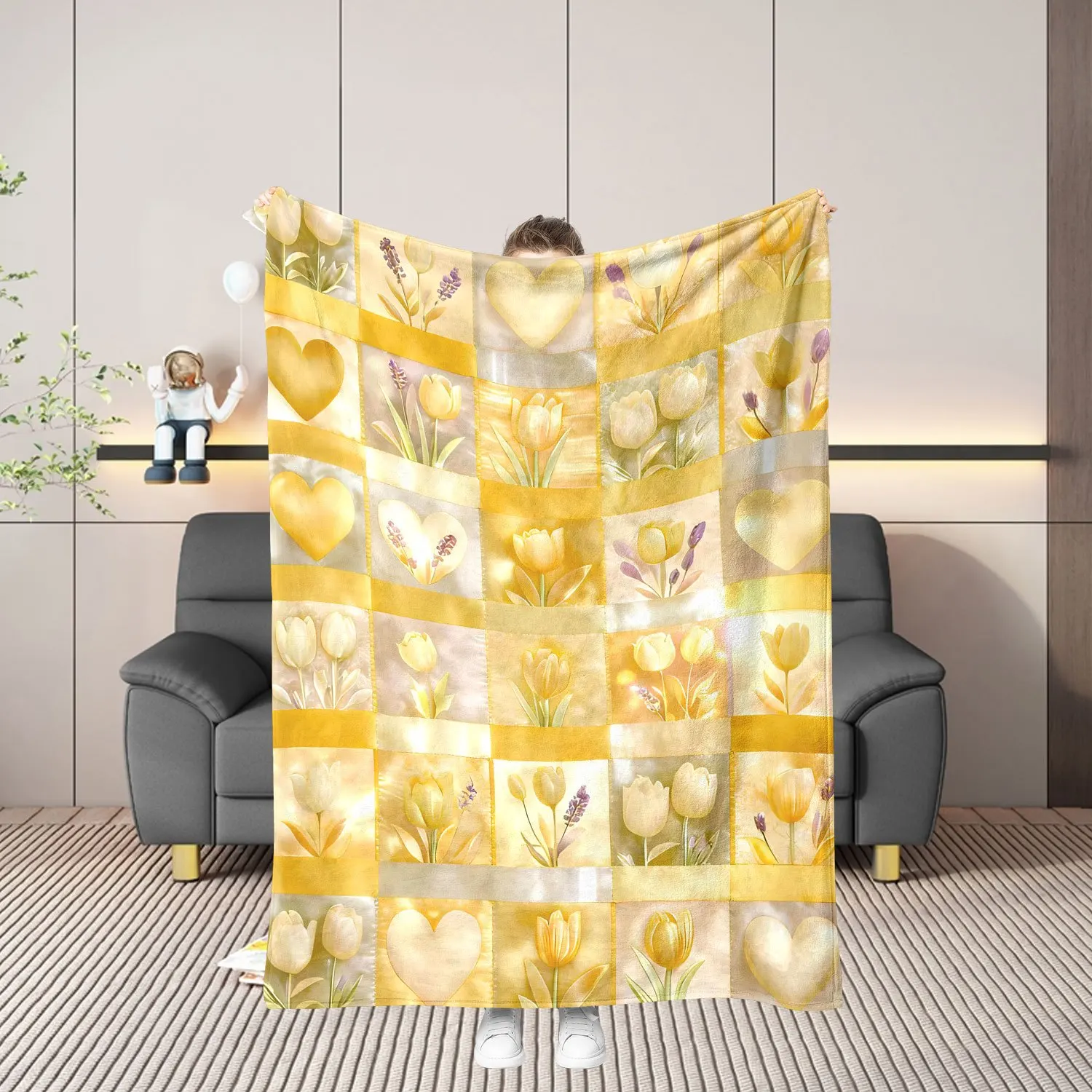Throw Blanket Yellow Heart Tulip Grid Print Warm Floral Design Soft Cozy Wrap For Bedroom Living Room And Sweet Home Decor
